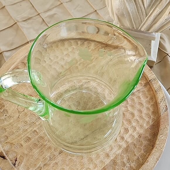 Vintage Vaseline Glass Pitcher Uranium Etched Glass Floral - Picture 12 of 13